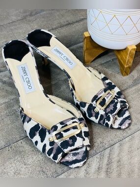 Jimmy Choo Leopard Print Fabric Peep Toe Mule Kitten Heels Size 10 (41)